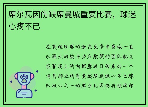 席尔瓦因伤缺席曼城重要比赛，球迷心疼不已