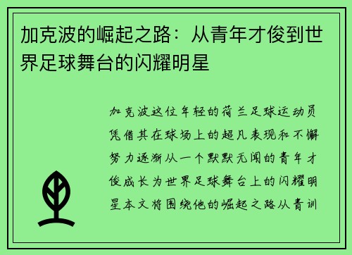 加克波的崛起之路：从青年才俊到世界足球舞台的闪耀明星