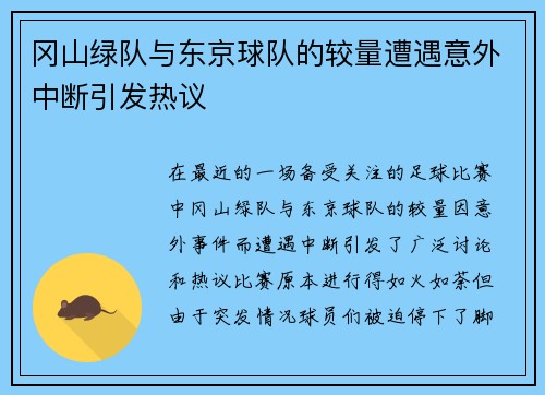 冈山绿队与东京球队的较量遭遇意外中断引发热议