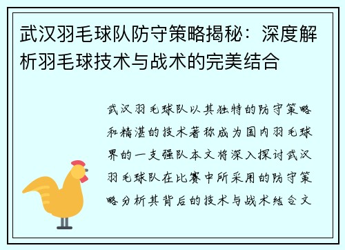 武汉羽毛球队防守策略揭秘：深度解析羽毛球技术与战术的完美结合