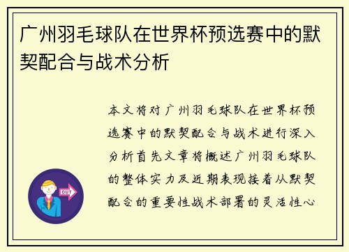 广州羽毛球队在世界杯预选赛中的默契配合与战术分析