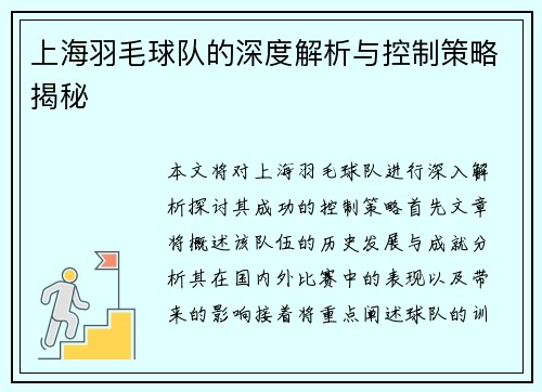 上海羽毛球队的深度解析与控制策略揭秘