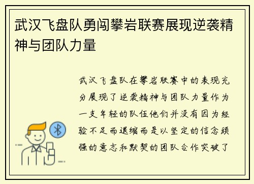 武汉飞盘队勇闯攀岩联赛展现逆袭精神与团队力量